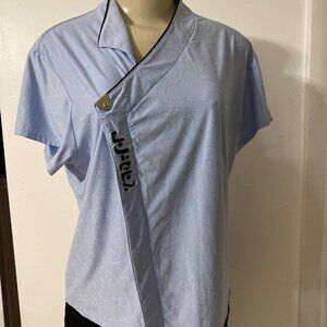 Jamie Sadock Short Sleeve Women's Golf Shirt Asian Letters Snap Button Blue Sz L